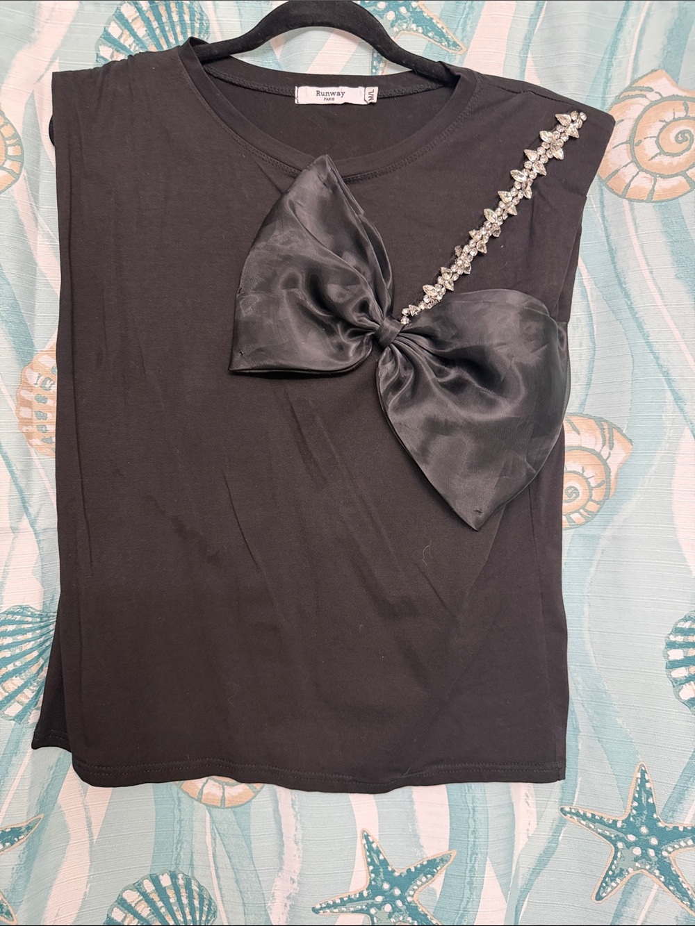 Pastels Black Sleeveless Tank with Satin Bow & Crystal Accent